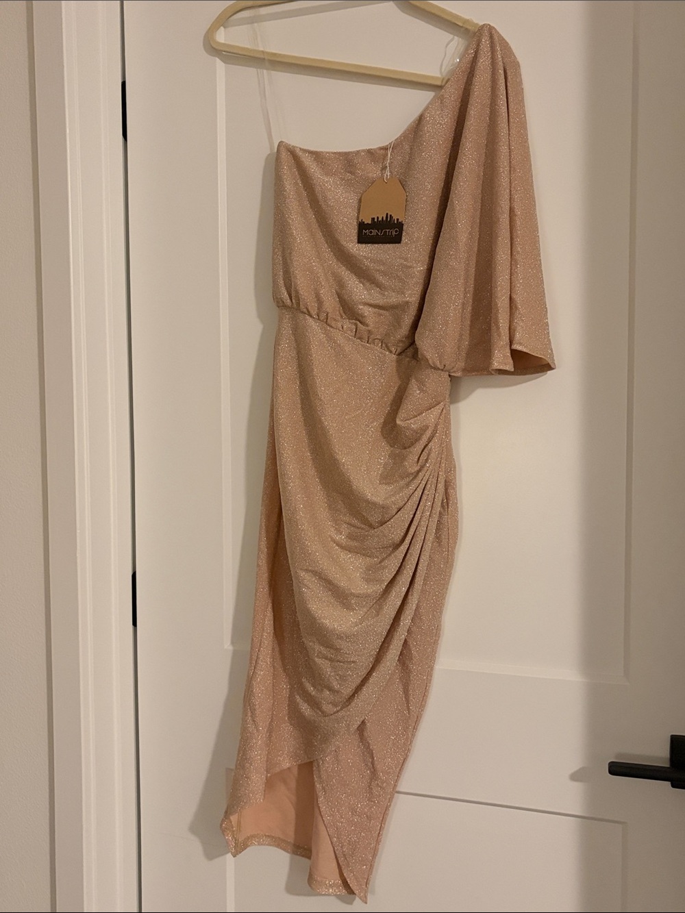NWT Main Strip One-Shoulder Sparkle Nude-Peach Dress